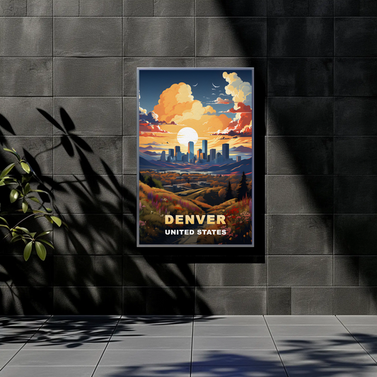 Denver Sunset Skyline Mountains Vintage Travel Poster