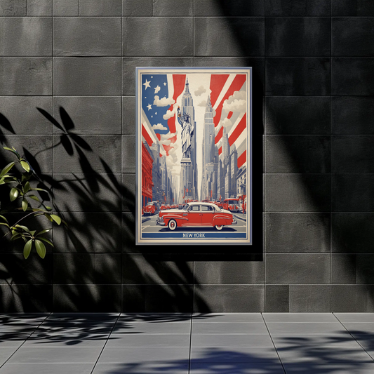New York Statue Liberty Skyline Vintage Travel Poster