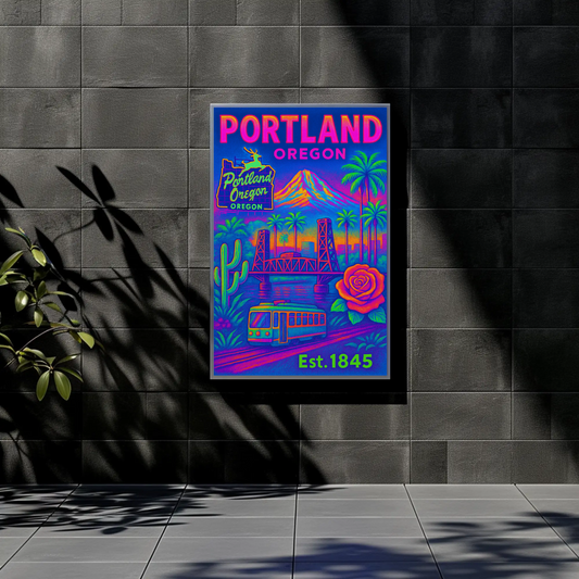 Portland Oregon Rose Bridge Mountain Vintage Travel Poster