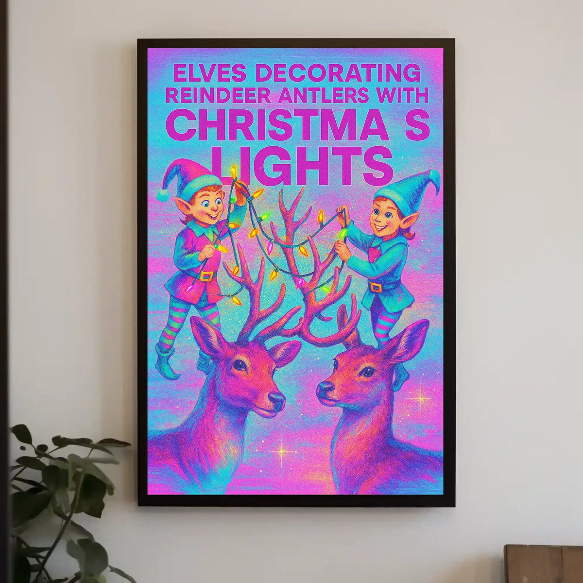 Elves Decorating Reindeer Antlers Poster