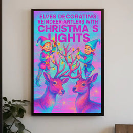 Elves Decorating Reindeer Antlers Poster
