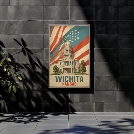 Wichita Kansas State Capitol And Flag Vintage Travel Poster