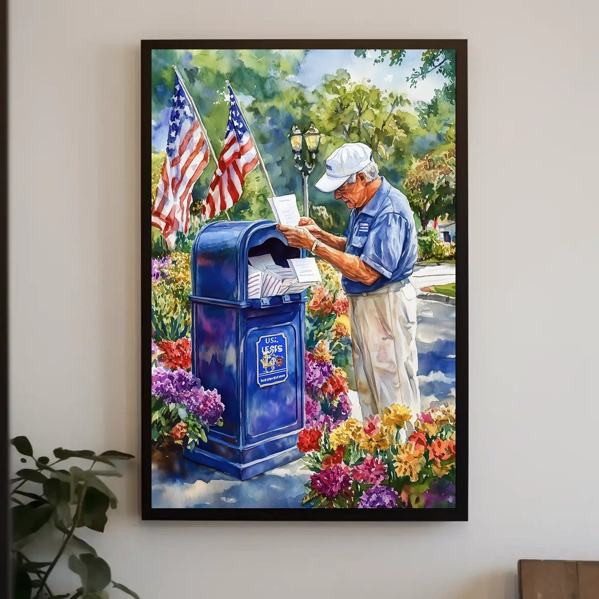 postal worker placing letters Poster