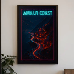 Amalfi Coast Neon Nightscape Poster