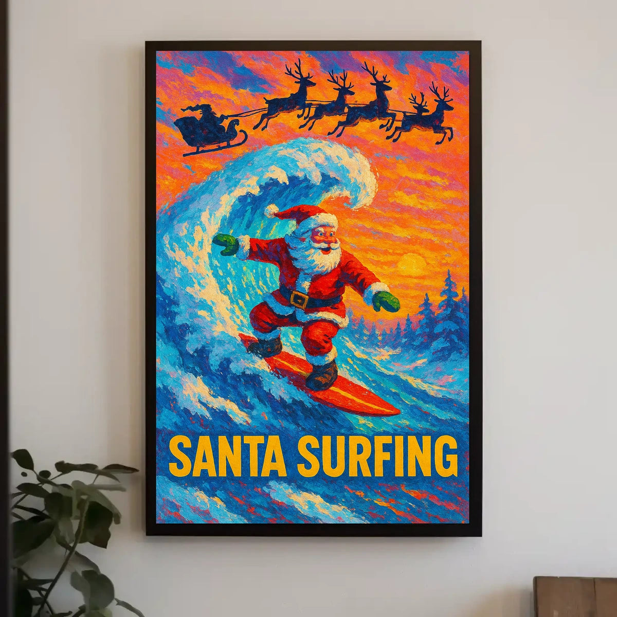Santa Surfing Poster: Festive Beach Adventure Art