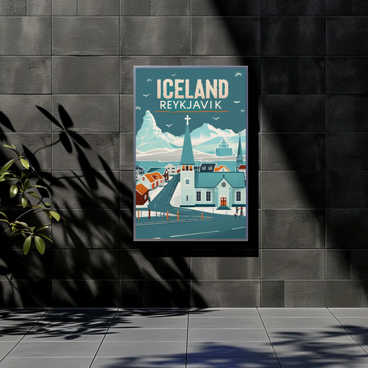 Iceland Reykjavik Vintage Travel Poster - Mountains & Church