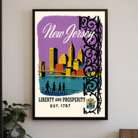 New Jersey Cityscape Bridge Purple Sky Vintage Poster