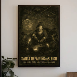 Santa's Sleigh Repair: Futuristic Christmas Poster