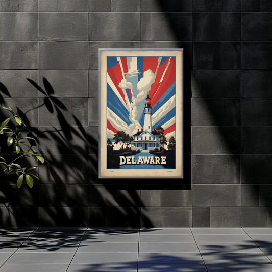 Delaware Lighthouse Patriotic Rays Vintage Travel Poster
