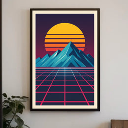 Retro-Futuristic Synthwave Mountain Landscape Futuristic Sci-Fi Poster