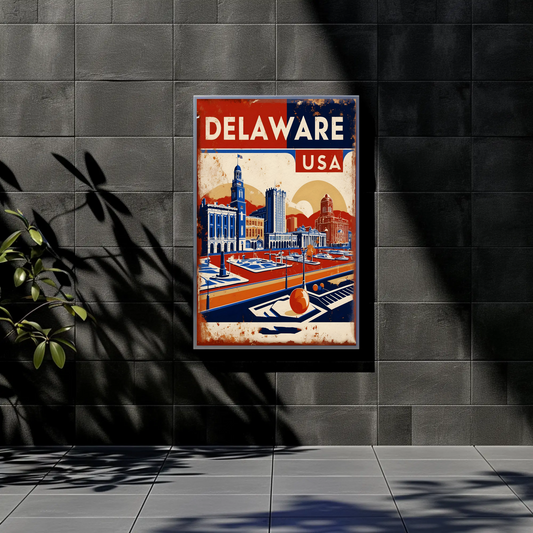 Delaware Waterfront Skyline Retro USA Vintage Maroon Travel Poster