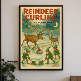 Reindeer Curling at the North Pole Poster