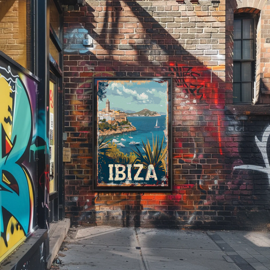 Ibiza Cliffside Town and Sailing Bay Travel Poster