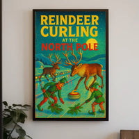 Reindeer Curling at the North Pole Poster
