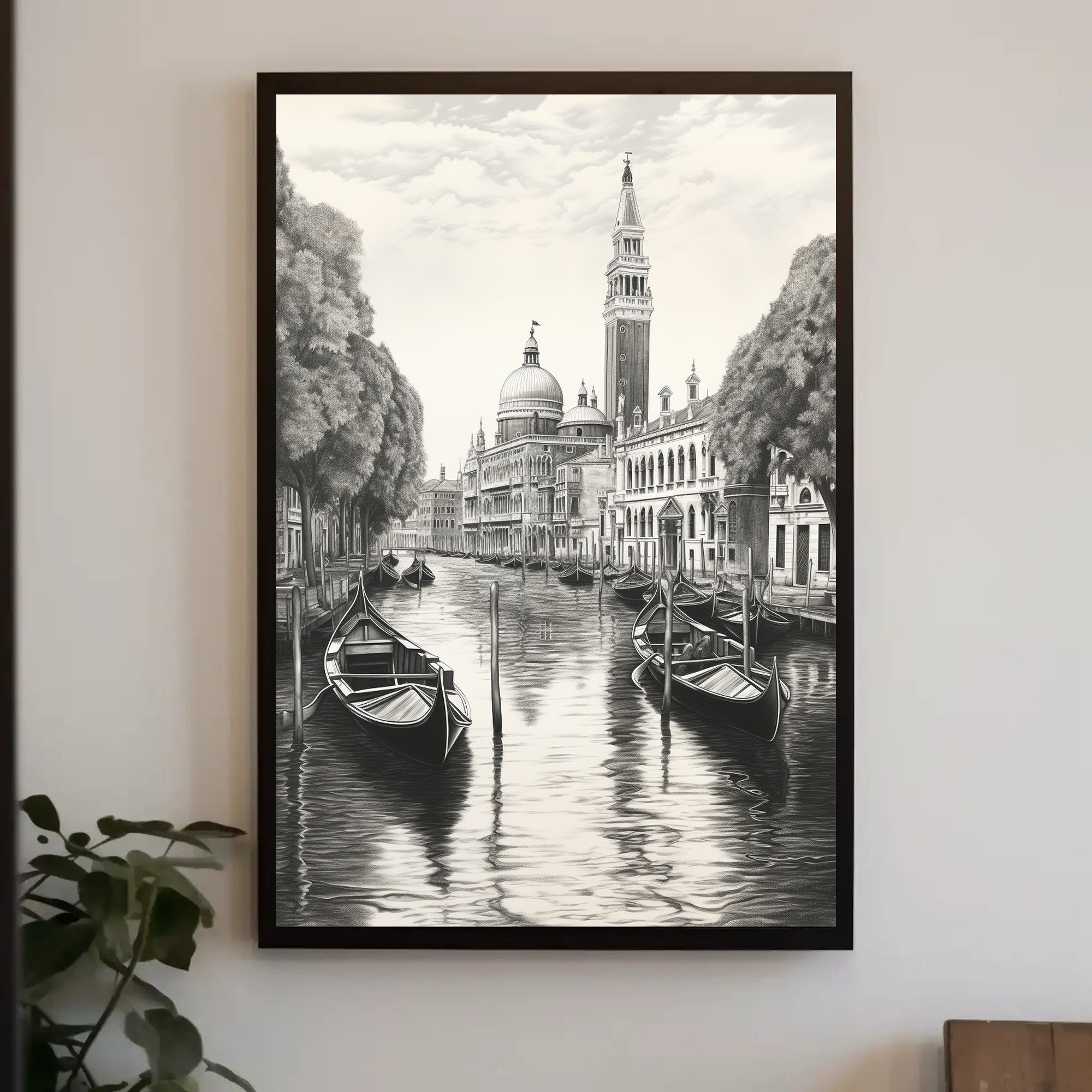Venetian Canal Scene Monochrome Cultural or Heritage Poster