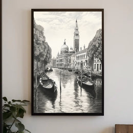 Venetian Canal Scene Monochrome Cultural or Heritage Poster