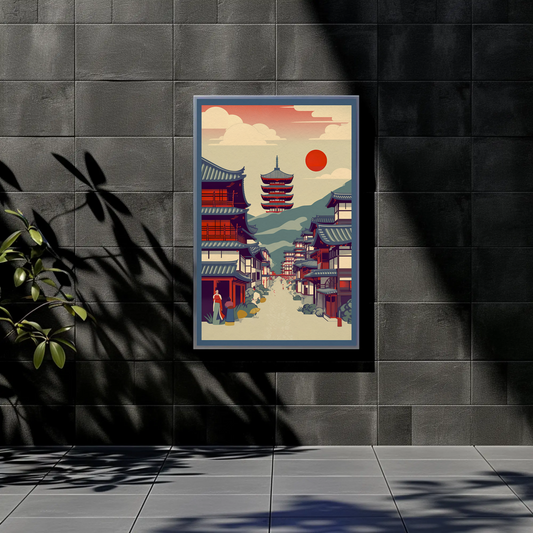 Japan Pagoda Village Mountain Sunset Vintage Travel Poster