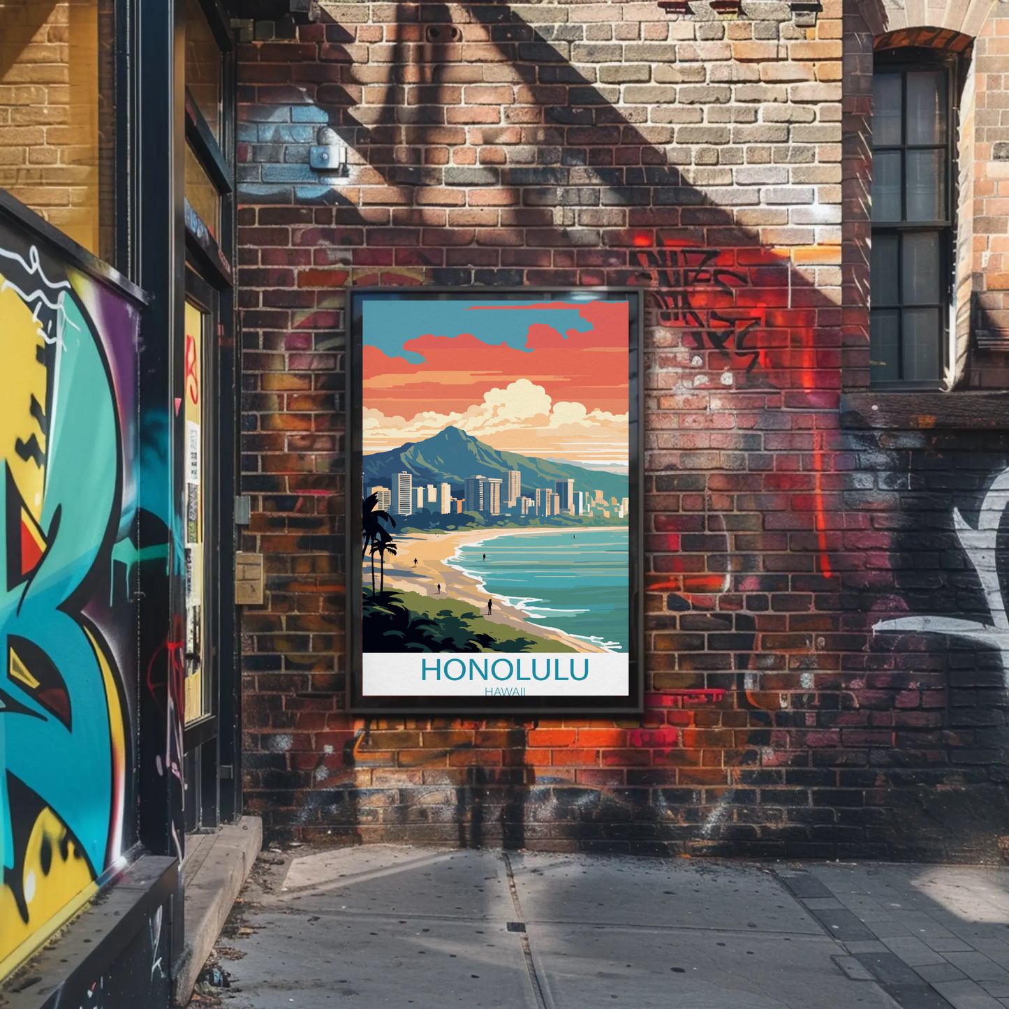 Honolulu Hawaii Sunset Skyline Modern Minimal Travel Poster