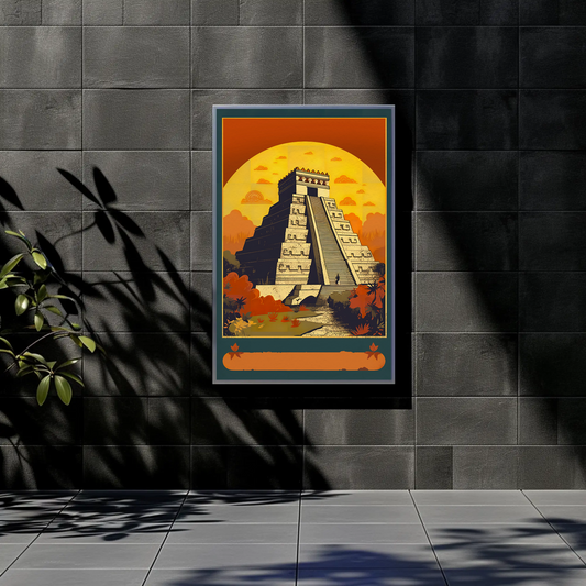 Mexico Chichen Itza Pyramid Sunset Vintage Travel Poster