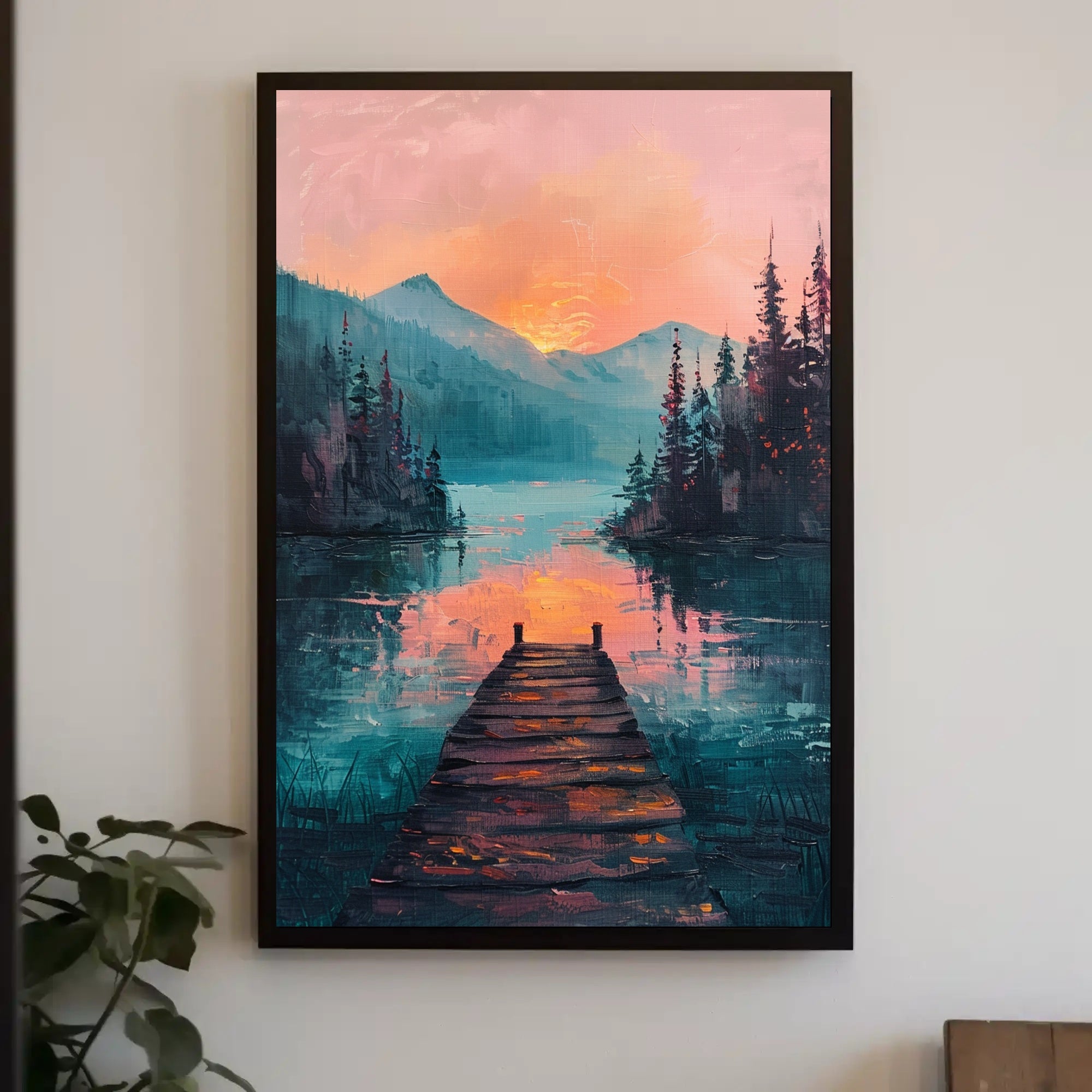 Serene Lakeside Sunset Artistic Poster PosterGoat