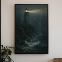 Lighthouse Mystery Eerie Coastal Night Artful Expressionism Moody Seashore Beacon Poster