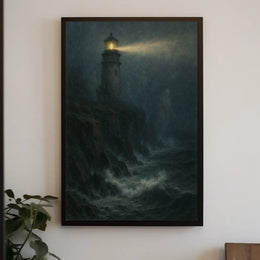 Lighthouse Mystery Eerie Coastal Night Artful Expressionism Moody Seashore Beacon Poster