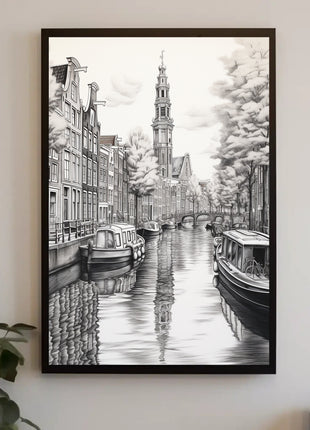 Amsterdam Canal Scene Vintage Illustration Travel Poster