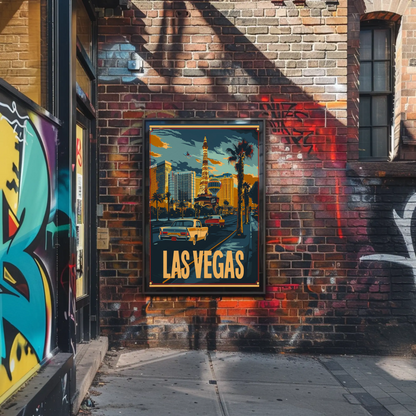 Las Vegas Neon Strip Vintage Cars Skyline Travel Poster
