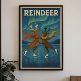 Whimsical Reindeer Ice Skating Under Northern Lights Animal Poster