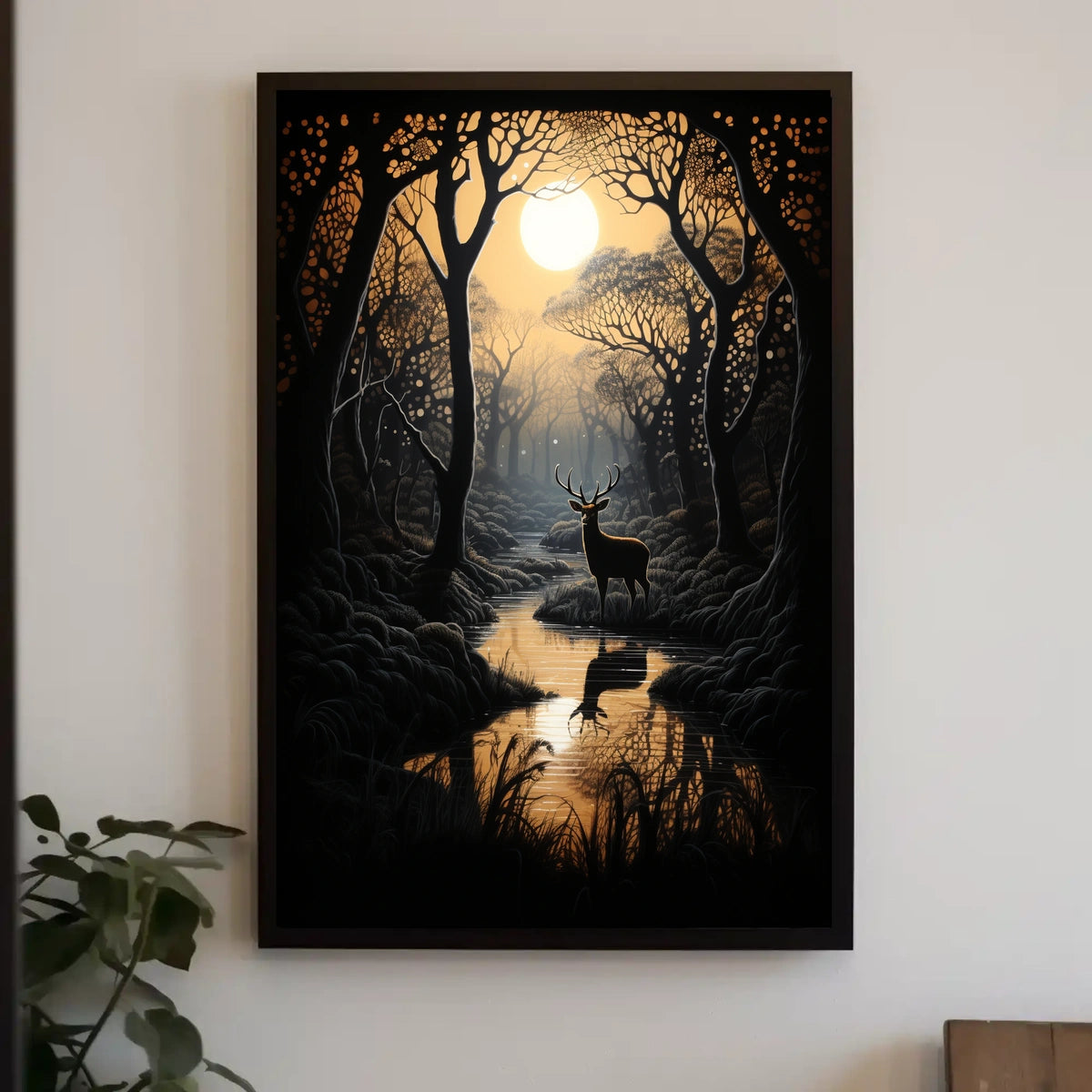 Stag by Moonlit Stream Serenity Animal Poster