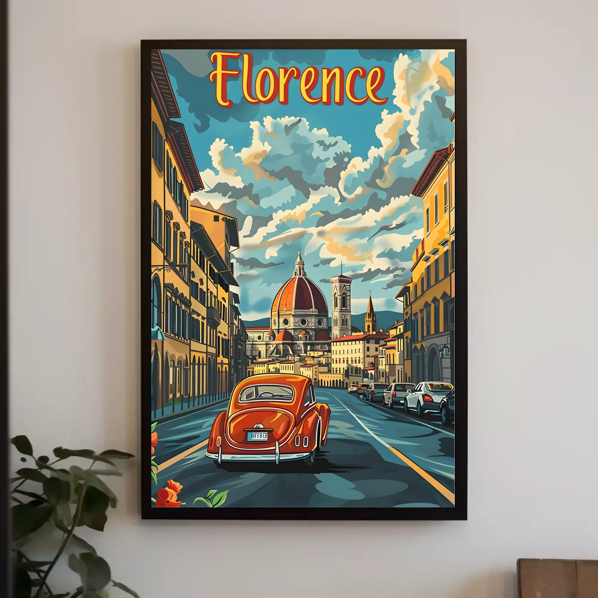 Florence Cathedral scene with vintage car  poster