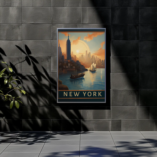 New York Harbor Sunset Vintage Travel Poster