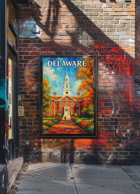 Delaware Brick Capitol Autumn Trees Travel Poster