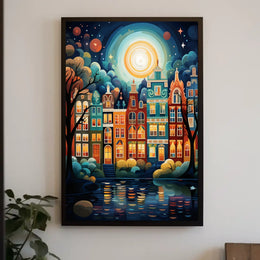 Vibrant European Cityscape at Night Travel Poster