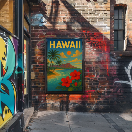 Hawaii Sunset Coastline Hibiscus Beach Travel Poster
