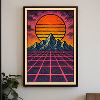 Retro-Futuristic Sunset over Mountains: Futuristic Sci-Fi Poster