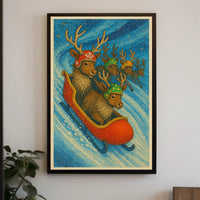 Whimsical Reindeer Sledding Festive Holiday Poster Art