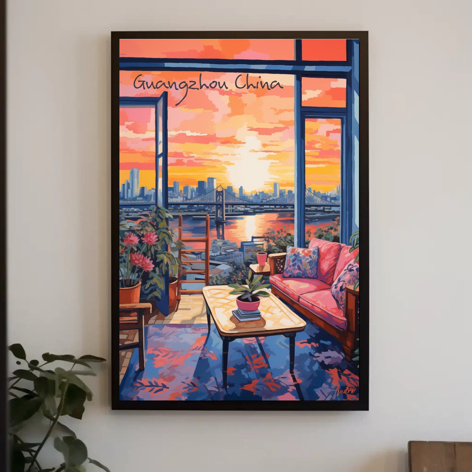 Guangzhou Sunset Cityscape with Cozy Interior Poster