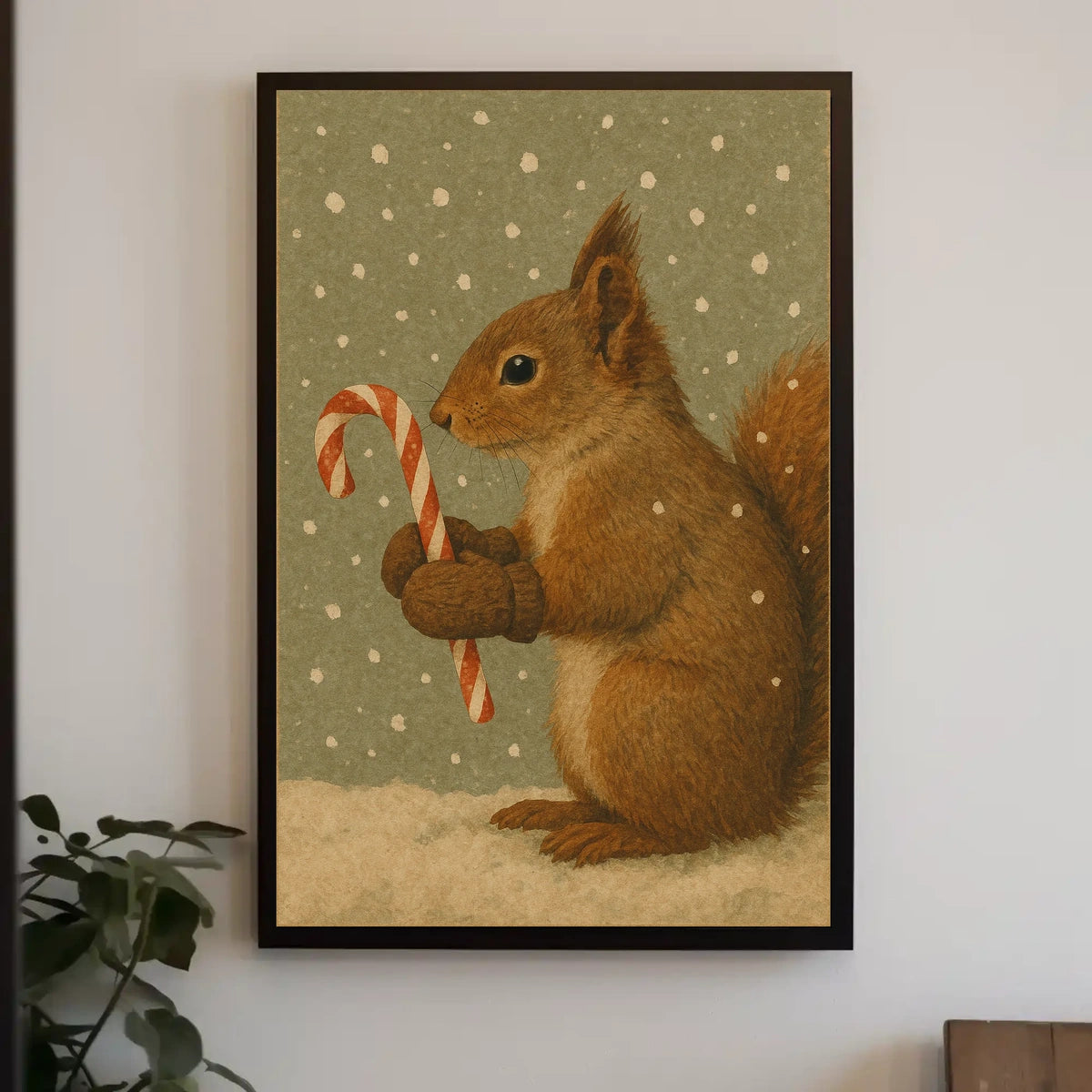 Winter Squirrel with Candy Cane Poster