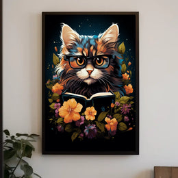Whimsical Cat Glasses Poster with Vibrant Flowers