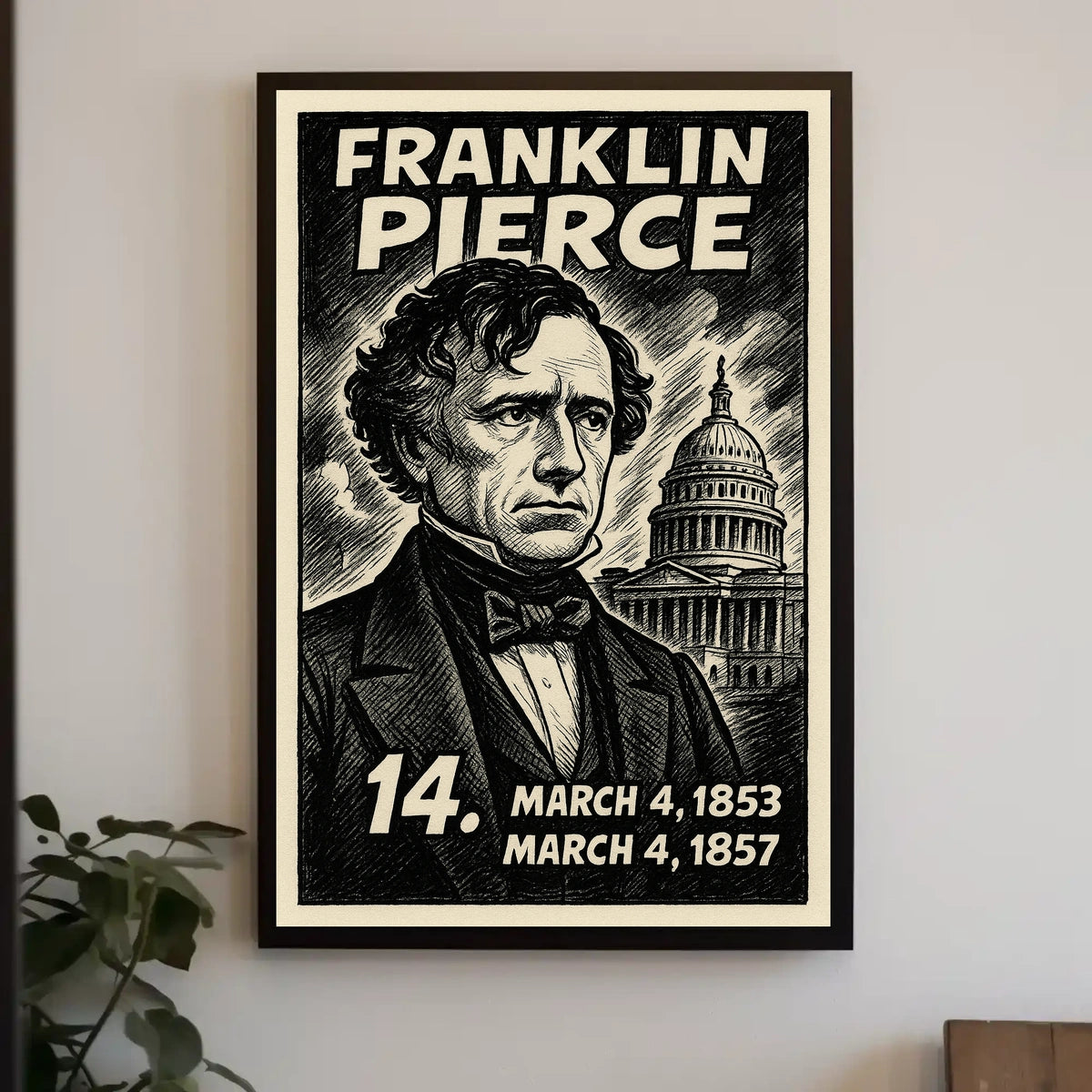 Franklin Pierce 14th President of the United States B & W Comic Sketch Poster