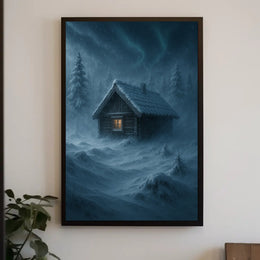 Winter Cabin in a Mystical Forest Fantasy Poster