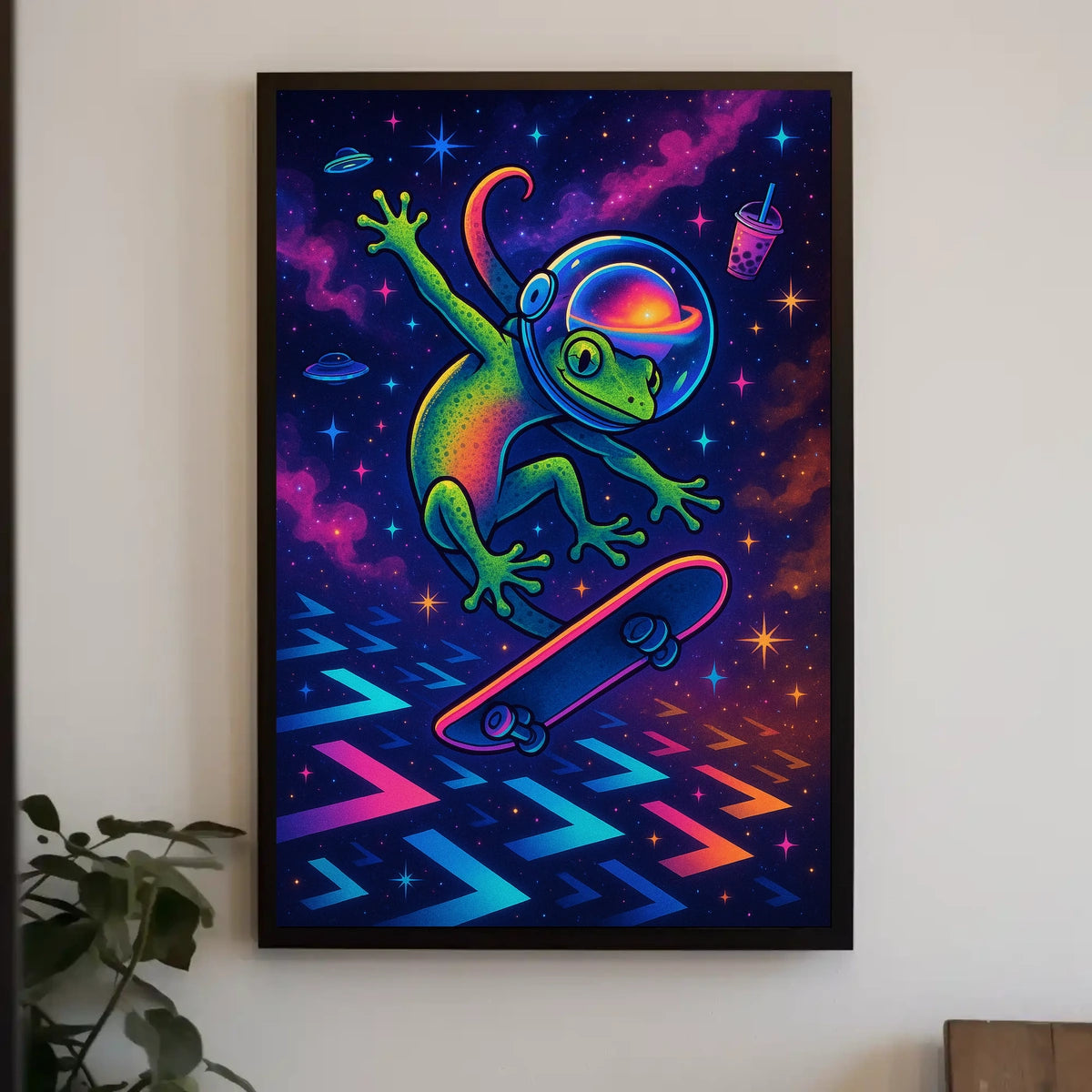 Cosmic Skateboarding Gecko Poster