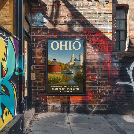 Ohio Historic Farms Cityscape River Steamboat Travel Poster
