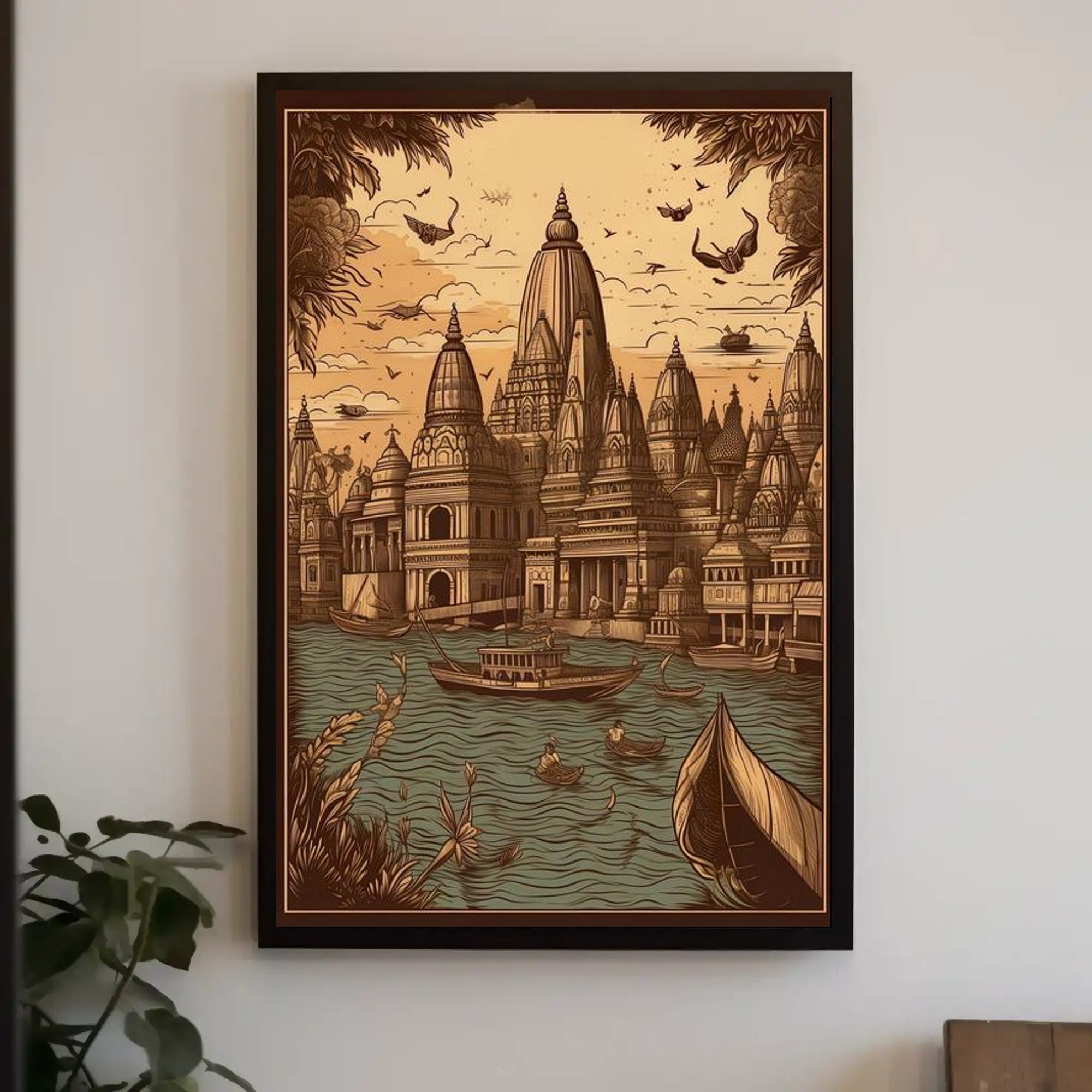 Enchanting Riverside Cityscape with Majestic Temples Poster