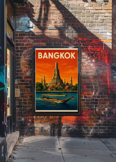 Bangkok Thailand Temple On River Sunset Travel Poster