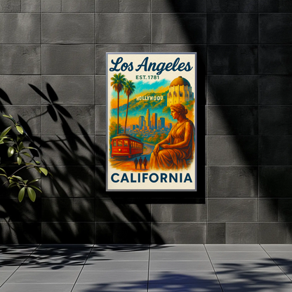 Los Angeles Hollywood Griffith Trolley Sunset Vintage Travel Poster