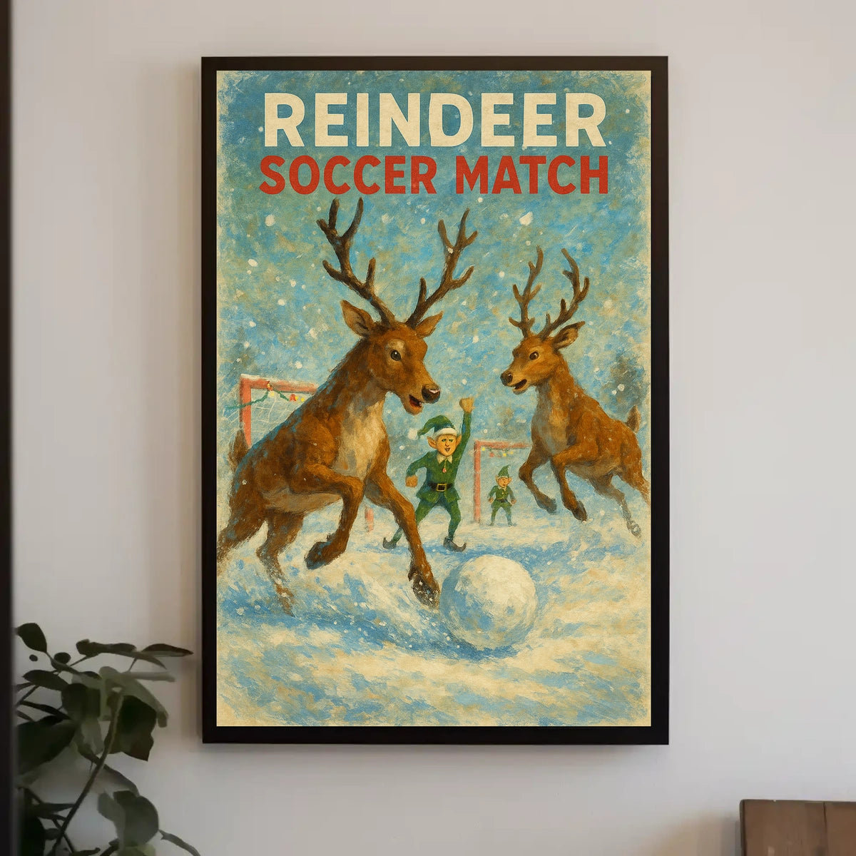 Reindeer Soccer Match: Whimsical Holiday Poster Art