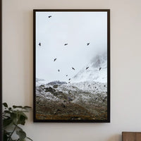 Birds In Flight Over Snowy Peaks Poster