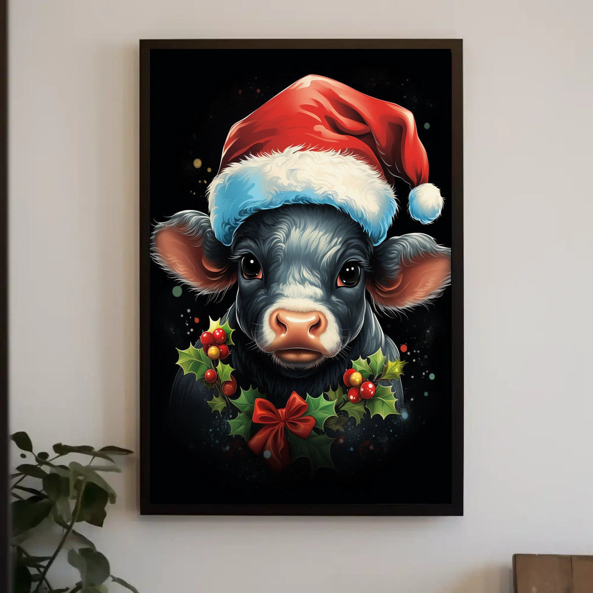 Festive Calf Christmas Poster with Santa Hat